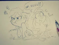 Size: 1440x1099 | Tagged: safe, artist:stepandy, derpibooru import, oc, oc:duk, oc:stepanda, duck, duck pony, pony, bread, cute, food, frustrated, necktie, quak, scared, sketch, traditional art