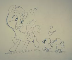 Size: 1440x1213 | Tagged: safe, artist:stepandy, derpibooru import, oc, oc:duk, bird, duck, duck pony, pegasus, pony, blushing, cute, heart, lineart, love, quack, quak, traditional art