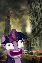 Size: 803x1204 | Tagged: semi-grimdark, derpibooru import, edit, edited screencap, screencap, twilight sparkle, twilight sparkle (alicorn), alicorn, pony, starlight the hypnotist, spoiler:interseason shorts, angry, apocalypse, crazy face, faic, fire, irl, magic, new york city, photo, ponies in real life, taxi, twilight snapple