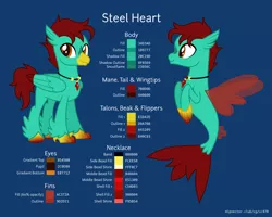Size: 8000x6400 | Tagged: absurd resolution, artist:parclytaxel, classical hippogriff, colored wings, colored wingtips, commission, derpibooru import, hippogriff, jewelry, male, necklace, oc, oc:steel heart, reference sheet, safe, seapony (g4), solo, .svg available, unofficial characters only, vector, wings