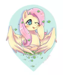 Size: 1000x1200 | Tagged: safe, artist:roya, derpibooru import, fluttershy, pegasus, pony, blushing, bust, cute, female, flower, flower in hair, mare, one eye closed, open mouth, portrait, shyabetes, smiling, solo, spread wings, wings