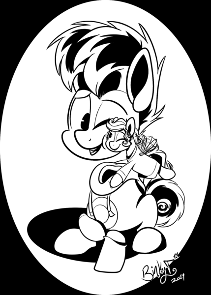 Size: 1288x1801 | Tagged: safe, artist:binkyt11, derpibooru import, ponified, flutter pony, pony, black and white, chibi, clothes, crossover, grayscale, hoodie, hug, limbless, male, medibang paint, monochrome, murfy, phone drawing, rayman, squishy cheeks, stallion, ubisoft