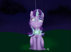 Size: 1557x1152 | Tagged: safe, artist:auradashiepie, derpibooru import, starlight glimmer, pony, unicorn, glowing horn, horn, kite, kite flying, looking up, night, smiling, solo, that pony sure does love kites