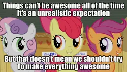 Size: 1920x1080 | Tagged: adorabloom, apple bloom, caption, clubhouse, crusaders clubhouse, cute, cutealoo, cutie mark, cutie mark crusaders, derpibooru import, diasweetes, discovery family logo, edit, edited screencap, everything's not awesome, female, image macro, lego, on your marks, safe, scootaloo, screencap, singing, sitting, spoilers for another series, spoiler:the lego movie 2: the second part, sweetie belle, text, the cmc's cutie marks, the lego movie, the lego movie 2: the second part, trio, trio female