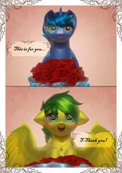 Size: 2250x3200 | Tagged: safe, artist:klooda, derpibooru import, oc, oc:aura skye, oc:evergreen feathersong, unofficial characters only, pegasus, pony, unicorn, blushing, comics, commission, curves, english, everskye, female, female pov, flower, frame, happy, heart eyes, holiday, jewelry, male, male pov, mare, offscreen character, overwatch, pair, pattern, pendant, pov, present, realistic, rose, smiling, soft shading, stallion, text, valentine's day, wingding eyes, ych result