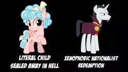 Size: 1366x768 | Tagged: safe, derpibooru import, chancellor neighsay, cozy glow, pegasus, pony, unicorn, school raze, bhaalspawn, black background, bow, caption, cozybuse, drama bait, facial hair, female, filly, goatee, hair bow, image macro, lily orchard, lily peet, male, op started shit, simple background, stallion, text