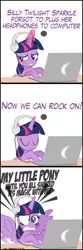 Size: 2000x6000 | Tagged: safe, artist:mrkat7214, derpibooru import, twilight sparkle, twilight sparkle (alicorn), alicorn, pony, comic:twilight vs. computer, aura, blushing, comic, computer, ear rape, embarrassed, funny, glowing horn, headphones, horn, irony, laptop computer, magic, metal, rock, solo, spread wings, sweat, sweatdrop, telekinesis, theme song, this will end in deafness, title drop, wings