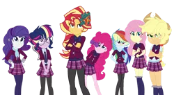 Size: 1280x700 | Tagged: safe, artist:bezziie, derpibooru import, applejack, fluttershy, pinkie pie, rainbow dash, rarity, sci-twi, sunset shimmer, twilight sparkle, equestria girls, alternate hairstyle, clothes, crystal prep academy uniform, glasses, humane five, humane seven, humane six, school uniform, simple background, transparent background