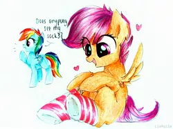 Size: 2270x1701 | Tagged: safe, artist:liaaqila, derpibooru import, rainbow dash, scootaloo, pegasus, pony, clothes, confused, cute, cutealoo, dashabetes, dialogue, dressing, ear fluff, female, filly, fluffy, happy, heart, hoof fluff, hoof hold, leg fluff, liaaqila is trying to murder us, mare, open mouth, raised hoof, shoulder fluff, simple background, smiling, socks, striped socks, traditional art, white background, wing fluff