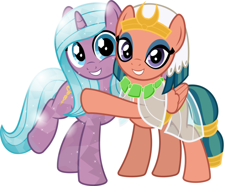 Size: 5014x4075 | Tagged: safe, artist:jhayarr23, derpibooru import, idw, radiant hope, somnambula, crystal pony, pegasus, pony, unicorn, absurd resolution, clothes, cute, duo, duo female, eyeliner, eyeshadow, female, friendshipping, glowpaz, hopabetes, hope, hug, idw showified, looking at you, makeup, mare, see-through, show accurate, simple background, smiling, somnambetes, sweet dreams fuel, transparent background, vector