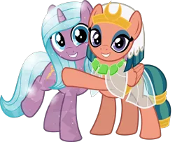 Size: 5014x4075 | Tagged: safe, artist:jhayarr23, derpibooru import, idw, radiant hope, somnambula, crystal pony, pegasus, pony, unicorn, absurd resolution, clothes, cute, duo, duo female, eyeliner, eyeshadow, female, friendshipping, glowpaz, hopabetes, hope, hug, idw showified, looking at you, makeup, mare, see-through, show accurate, simple background, smiling, somnambetes, sweet dreams fuel, transparent background, vector