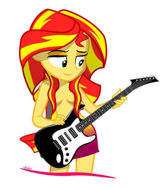 Size: 1024x1174 | Tagged: suggestive, artist:uliks-uliks, derpibooru import, sunset shimmer, equestria girls, breasts, clothes, electric guitar, female, godiva hair, guitar, musical instrument, partial nudity, simple background, solo, solo female, strategically covered, topless, white background