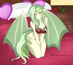 Size: 5526x4982 | Tagged: suggestive, artist:cannoncar, derpibooru import, oc, oc:olive gale, unofficial characters only, anthro, bat pony, absurd resolution, anthro oc, bat pony oc, bat wings, bed, blushing, bra, breasts, cleavage, clothes, female, kneeling, panties, pillow, red underwear, ribbon, smiling, solo, solo female, underwear, wings