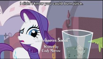 Size: 335x192 | Tagged: animated, burned, burnt juice, cooking, derpibooru import, disgusted, epic fail, fail, female, food, forced smile, funny, gif, hilarious, implied sweetie belle, impossible, juice, mare, raised eyebrow, rarity, safe, screencap, sisterhooves social, smoke, solo, sweetie belle, sweetie belle can't cook, sweetie fail, text