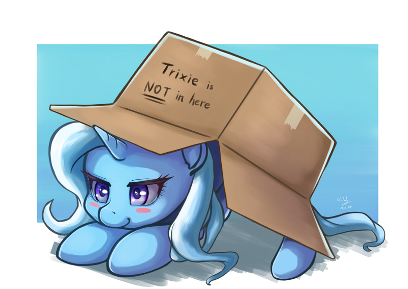 Size: 1414x1000 | Tagged: safe, artist:the-park, derpibooru import, trixie, pony, unicorn, blatant lies, blush sticker, blushing, border, box, camouflage, cardboard box, colored pupils, crouching, cute, daaaaaaaaaaaw, diatrixes, face down ass up, female, gradient background, hiding, hnnng, horn, lidded eyes, mare, metal gear, pony in a box, prone, seems legit, signature, silly, silly pony, simple background, smiling, smirk, sneak 100, solo, starry eyes, stealth, white background, wingding eyes