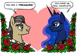 Size: 603x424 | Tagged: safe, artist:gingerfoxy, derpibooru import, filthy rich, princess luna, alicorn, earth pony, pony, pony couple generator, crack shipping, eyebrows, filthyna, flower, heart, rose, shipping, text