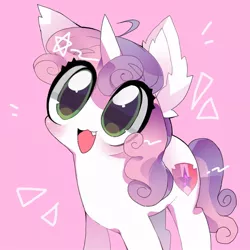 Size: 768x768 | Tagged: safe, artist:lavender_1227, derpibooru import, sweetie belle, pony, unicorn, big eyes, cat face, cute, diasweetes, female, filly, open mouth, pink background, simple background, solo