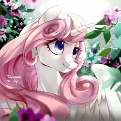 Size: 1280x1280 | Tagged: safe, artist:tingsan, derpibooru import, oc, unofficial characters only, alicorn, pony, alicorn oc, bust, female, flower, horn, mare, not celestia, pink hair, portrait, smiling, solo, wings