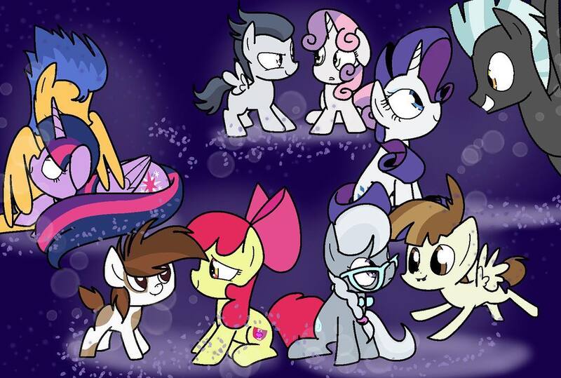 Size: 1080x728 | Tagged: safe, artist:andromedasparkz, derpibooru import, apple bloom, featherweight, flash sentry, pipsqueak, rarity, rumble, silver spoon, sweetie belle, thunderlane, twilight sparkle, twilight sparkle (alicorn), alicorn, earth pony, pegasus, pony, unicorn, female, flashlight, male, pipbloom, rarilane, rumbelle, shipping, silverweight, straight