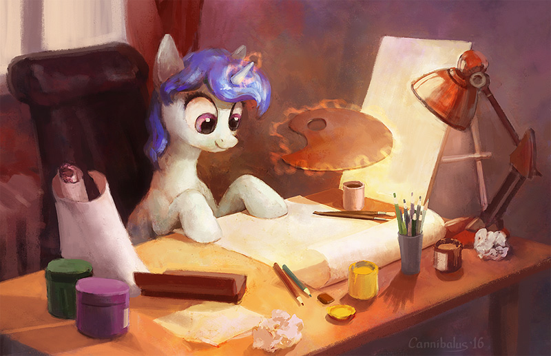 Size: 800x517 | Tagged: safe, artist:cannibalus, derpibooru import, pony, unicorn, desk, female, glowing horn, horn, lamp, magic, mare, palette, pencil, solo, telekinesis