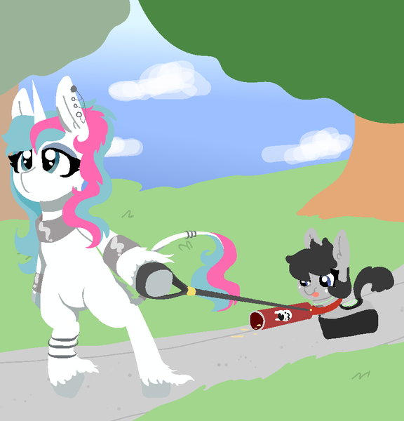 Size: 940x980 | Tagged: safe, artist:nootaz, derpibooru import, oc, oc:diamond mind, oc:roomby, ponified, unofficial characters only, classical unicorn, object pony, original species, pony, roomba pony, unicorn, bipedal, cloven hooves, commission, duo, leash, leonine tail, roomba, unshorn fetlocks, walking, ych result