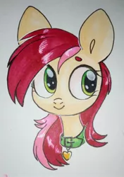 Size: 1523x2160 | Tagged: safe, artist:belka-sempai, derpibooru import, roseluck, earth pony, pony, bust, collar, cute, cuteluck, female, heart, looking away, looking sideways, mare, pet collar, pet tag, pony pet, portrait, rosepet, smiling, solo, stray strand, traditional art