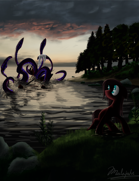 Size: 3000x3900 | Tagged: safe, artist:malajahr, derpibooru import, oc, unofficial characters only, earth pony, kraken, pony, boat, escape, sea monster, solo, tree, water, wet, wet mane