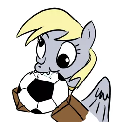 Size: 850x850 | Tagged: safe, artist:velgarn, derpibooru import, derpy hooves, pony, 4chan cup, chewing, derp, drool, eating, football, request, safest hooves, silly, silly pony, simple background, solo, sports