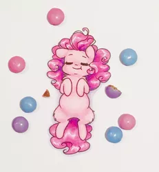Size: 2298x2483 | Tagged: safe, artist:katputze, derpibooru import, pinkie pie, earth pony, pony, :t, cute, diapinkes, eyes closed, female, leg fluff, mare, on back, shoulder fluff, smarties, solo, traditional art