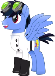 Size: 1444x1991 | Tagged: safe, artist:shadymeadow, derpibooru import, oc, oc:professor jolt, pegasus, pony, boots, clothes, goggles, lab coat, male, shoes, simple background, solo, stallion, transparent background