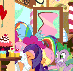 Size: 472x462 | Tagged: safe, derpibooru import, edit, edited screencap, screencap, applejack, fluttershy, pinkie pie, rainbow dash, rarity, spike, dragon, earth pony, pegasus, pony, unicorn, school daze, animated, balloonbutt, bucking, butt, buttstuck, cropped, cupcake, dialogue, door, eyes on the prize, female, food, grin, hoofy-kicks, horses doing horse things, male, mare, out of context, plot, silly, silly pony, smiling, squee, stuck, sugarcube corner, tail, wat