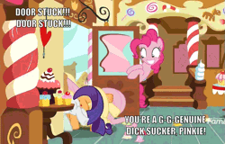 Size: 761x486 | Tagged: safe, derpibooru import, edit, edited screencap, screencap, applejack, fluttershy, pinkie pie, rarity, earth pony, pegasus, pony, unicorn, school daze, animated, bucking, butt, buttstuck, cupcake, dialogue, discovery family, discovery family logo, door, eyes on the prize, female, food, hoofy-kicks, horses doing horse things, mare, out of context, plot, stuck, sugarcube corner, text, vulgar