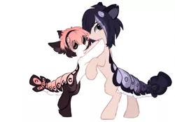 Size: 1280x890 | Tagged: safe, artist:little-sketches, derpibooru import, oc, oc:shuji, oc:sky, unofficial characters only, original species, pony, suisei pony, bipedal, bipedal leaning, chibi, closed species, eye clipping through hair, female, leaning, male, simple background, white background