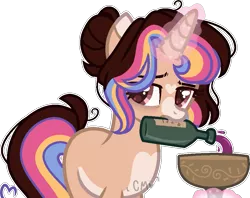 Size: 923x730 | Tagged: safe, artist:moon-rose-rosie, derpibooru import, oc, oc:melanie, pony, unicorn, base used, bottle, female, mare, mouth hold, simple background, solo, transparent background