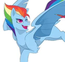 Size: 1184x1124 | Tagged: safe, artist:nederside, derpibooru import, rainbow dash, pegasus, pony, leak, spoiler:g5, female, flying, g5, leg fluff, mare, one eye closed, open mouth, rainbow dash (g5), simple background, solo, spoiler, transparent background, wings, wink