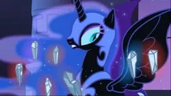 Size: 1668x939 | Tagged: safe, derpibooru import, screencap, nightmare moon, alicorn, pony, friendship is magic, castle of the royal pony sisters, ethereal mane, female, jewelry, looking at something, magic, mare, regalia, satisfying frown, shards, solo, starry mane