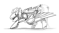 Size: 2400x1364 | Tagged: safe, artist:underpable, derpibooru import, cloudchaser, pegasus, pony, robot, robot pony, female, mare, monochrome, roboticization, simple background, sketch, solo, traditional art, white background