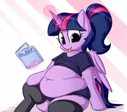 Size: 2443x2160 | Tagged: suggestive, artist:andelai, derpibooru import, twilight sparkle, twilight sparkle (alicorn), alicorn, pony, abstract background, alternate hairstyle, belly, belly button, big belly, book, clothes, fat, female, glowing horn, high res, horn, love handles, magic, magic aura, obese, panties, ponytail, shirt, sitting, socks, solo, stockings, t-shirt, telekinesis, thigh highs, tongue out, twilard sparkle, underwear, wide hips