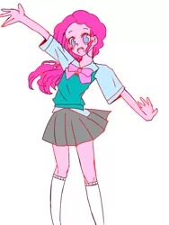 Size: 768x1024 | Tagged: safe, artist:sakurai, derpibooru import, pinkie pie, human, equestria girls, bow, clothes, cute, diapinkes, female, miniskirt, moe, no pupils, open mouth, pixiv, pleated skirt, simple background, skirt, socks, solo, white background