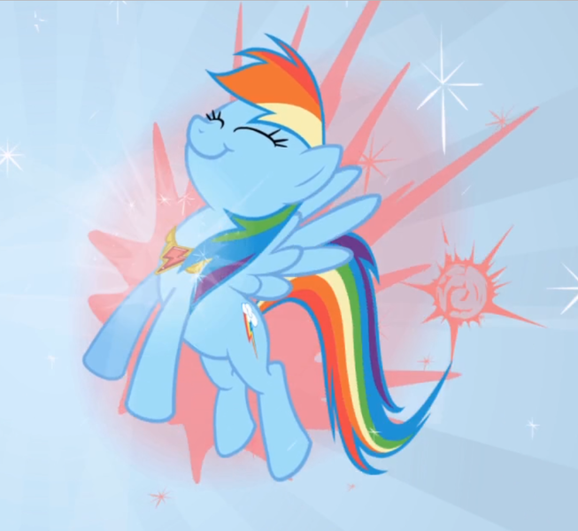 Size: 881x810 | Tagged: safe, derpibooru import, screencap, rainbow dash, pegasus, pony, friendship is magic, cropped, element of loyalty, eyes closed, female, flying, jewelry, light, mare, necklace, smiling, solo, spread wings, wings