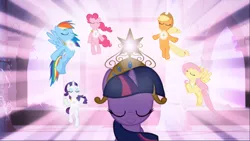 Size: 1667x938 | Tagged: safe, derpibooru import, screencap, applejack, fluttershy, pinkie pie, rainbow dash, rarity, twilight sparkle, earth pony, pegasus, pony, unicorn, friendship is magic, big crown thingy, castle of the royal pony sisters, crown, element of generosity, element of honesty, element of kindness, element of laughter, element of loyalty, element of magic, elements of harmony, eyes closed, female, floating, group, jewelry, light, mane six, mare, necklace, regalia, unicorn twilight