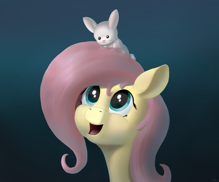 Size: 2388x1985 | Tagged: safe, artist:coldmix, derpibooru import, angel bunny, fluttershy, pegasus, pony, rabbit, animal, bust, cute, dark, duo, female, gradient background, happy, looking up, mare, open mouth, shyabetes, sitting on head, smiling, stray strand, three quarter view