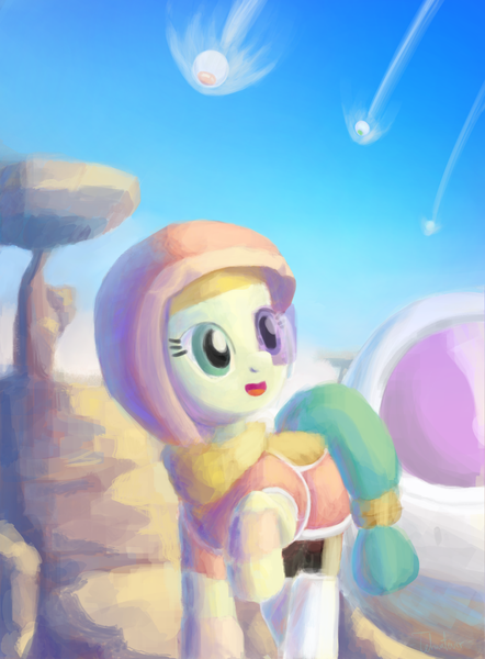 Size: 1400x1900 | Tagged: safe, artist:tehwatever, derpibooru import, desert flower, pony, armor, clip studio paint, clothes, desert, digital painting, dragon ball z, hijab, rock, saiyan armor, scarf, scouter, sky, solo, somnambula resident, space pod