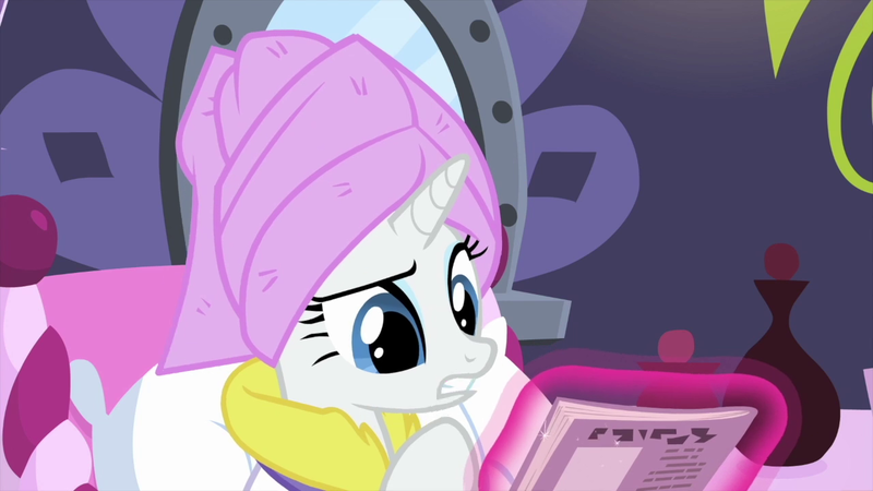 Size: 1280x720 | Tagged: safe, derpibooru import, screencap, rarity, pony, unicorn, rarity's biggest fan, spoiler:interseason shorts, female, magic, ponyville spa, raised eyebrow, solo, spa, towel on head