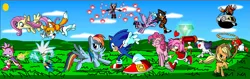 Size: 2289x720 | Tagged: alicorn, amy rose, applejack, artist:sonicfananimates, blaze the cat, crossover, derpibooru import, doctor eggman, eggmobile, eyes closed, fluttershy, flying, heart, heart eyes, infinite (character), knuckles the echidna, lasso, levitation, magic, mane six, master emerald, miles "tails" prower, piko piko hammer, pinkie pie, rainbow dash, rarity, rope, safe, shadow the hedgehog, silver the hedgehog, sonic the hedgehog, sonic the hedgehog (series), telekinesis, twilight sparkle, twilight sparkle (alicorn), wingding eyes