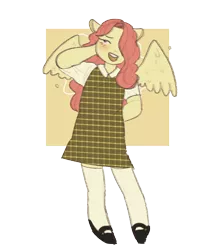 Size: 782x900 | Tagged: ambiguous facial structure, anthro, artist:wktd, clothes, cute, derpibooru import, dress, fluttershy, hair over one eye, mary janes, open mouth, plaid, safe, shoes, shyabetes, simple background, socks, solo, stockings, thigh highs, transparent background