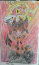 Size: 1024x1692 | Tagged: safe, artist:tobiisabunny, derpibooru import, daybreaker, oc, oc:dante the savage imp, demon, pony, evil laugh, in love, inferno, joker, laughing, on fire, traditional art