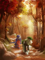 Size: 1280x1706 | Tagged: safe, artist:klarapl, derpibooru import, oc, oc:green, oc:sahara, unofficial characters only, bat pony, pegasus, pony, autumn, clothes, commission, duo, fanfic art, female, forest, hoodie, male, mare, scenery, snow, stallion