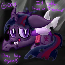 Size: 1000x1000 | Tagged: safe, artist:twyla-midfel, derpibooru import, part of a set, twilight sparkle, twilight sparkle (alicorn), alicorn, changeling, changeling queen, pony, ask changeling twilight, tumblr:ask changeling twilight, ask, big ears, caption, cave, cavern, changeling princess, changelingified, cowering, curved horn, female, floppy ears, horn, jagged horn, nervous, part of a series, shy, shy twi, solo, species swap, stressed, tumblr
