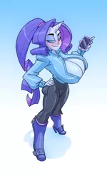 Size: 515x859 | Tagged: suggestive, artist:bigdad, derpibooru import, rarity, human, unicorn, big breasts, blushing, boob window, boots, breasts, busty rarity, cleavage, clothes, eyeshadow, female, high angle, high heel boots, horn, horned humanization, huge breasts, humanized, impossibly large breasts, lidded eyes, makeup, mobile phone, no pupils, phone, shoes, smartphone, solo, solo female